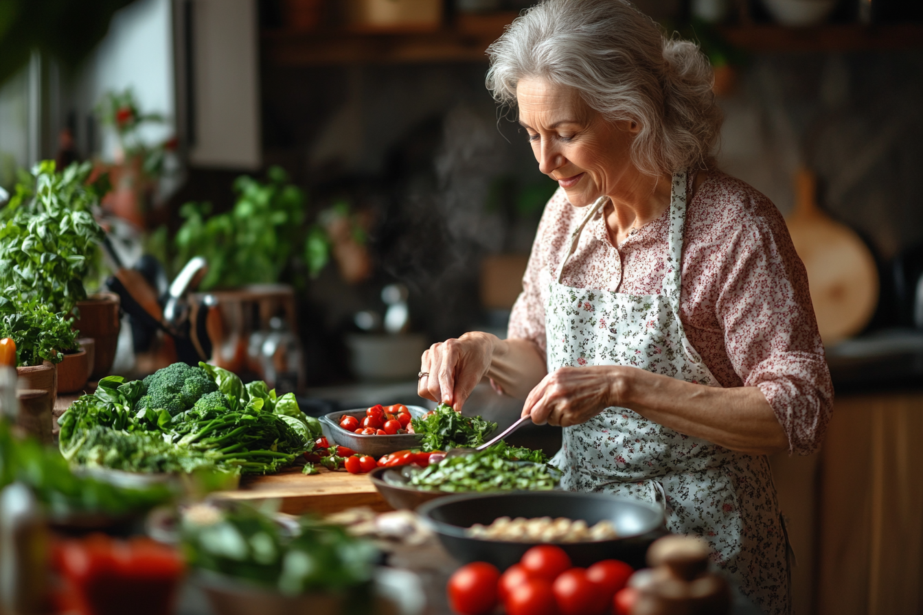 Възрастна жена готви здравословна храна в кухня