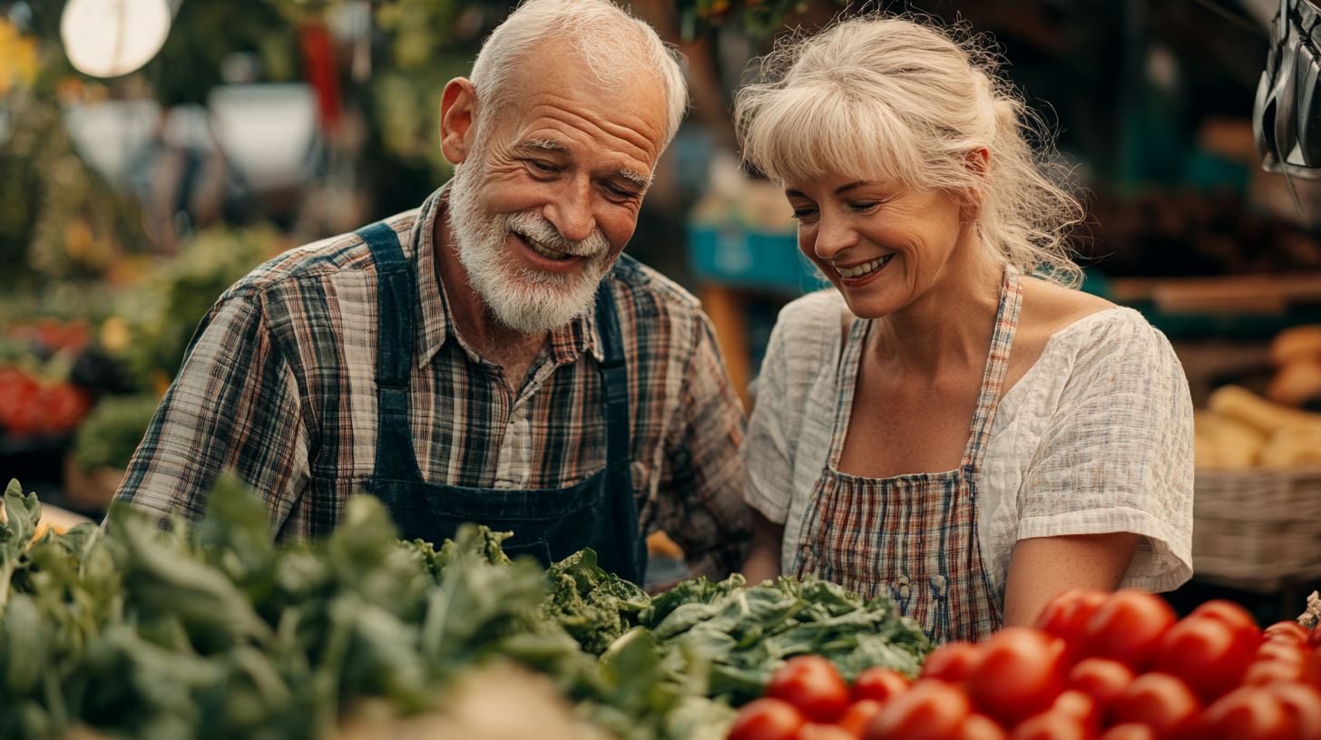 Щастлива възрастна двойка готви заедно здравословна храна